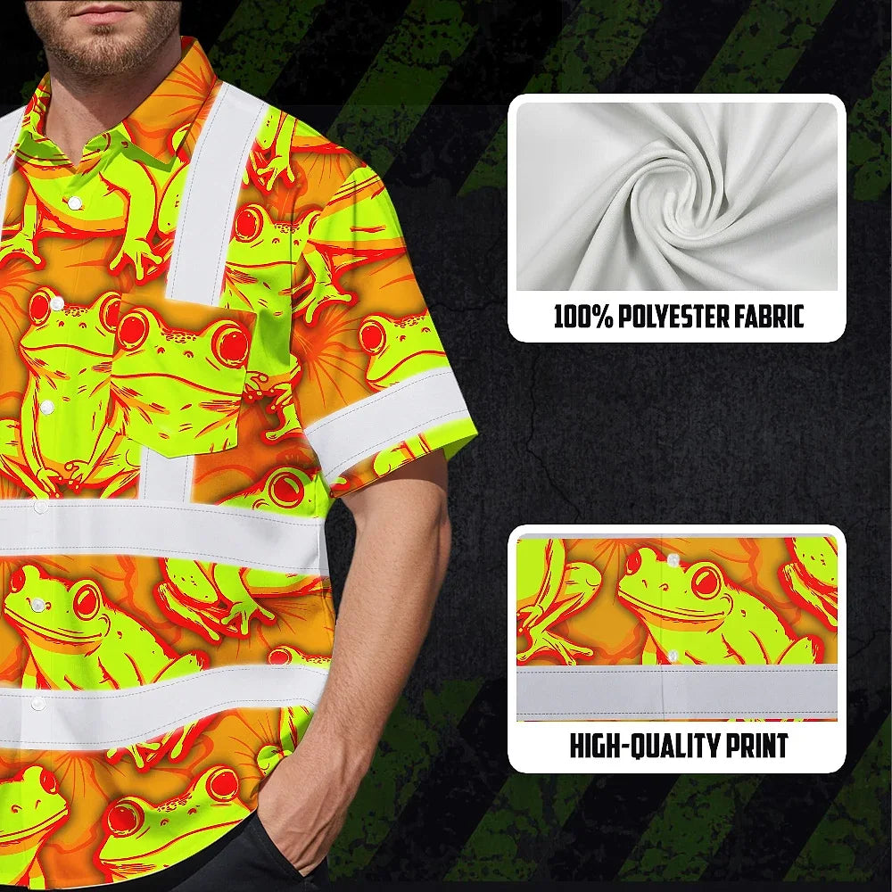 Hi Vis Hawaiian Shirt Reflective Tapes Orange And Lime Neon Frog Custom Name Safety Workwear For Workers, Truckers, Operators