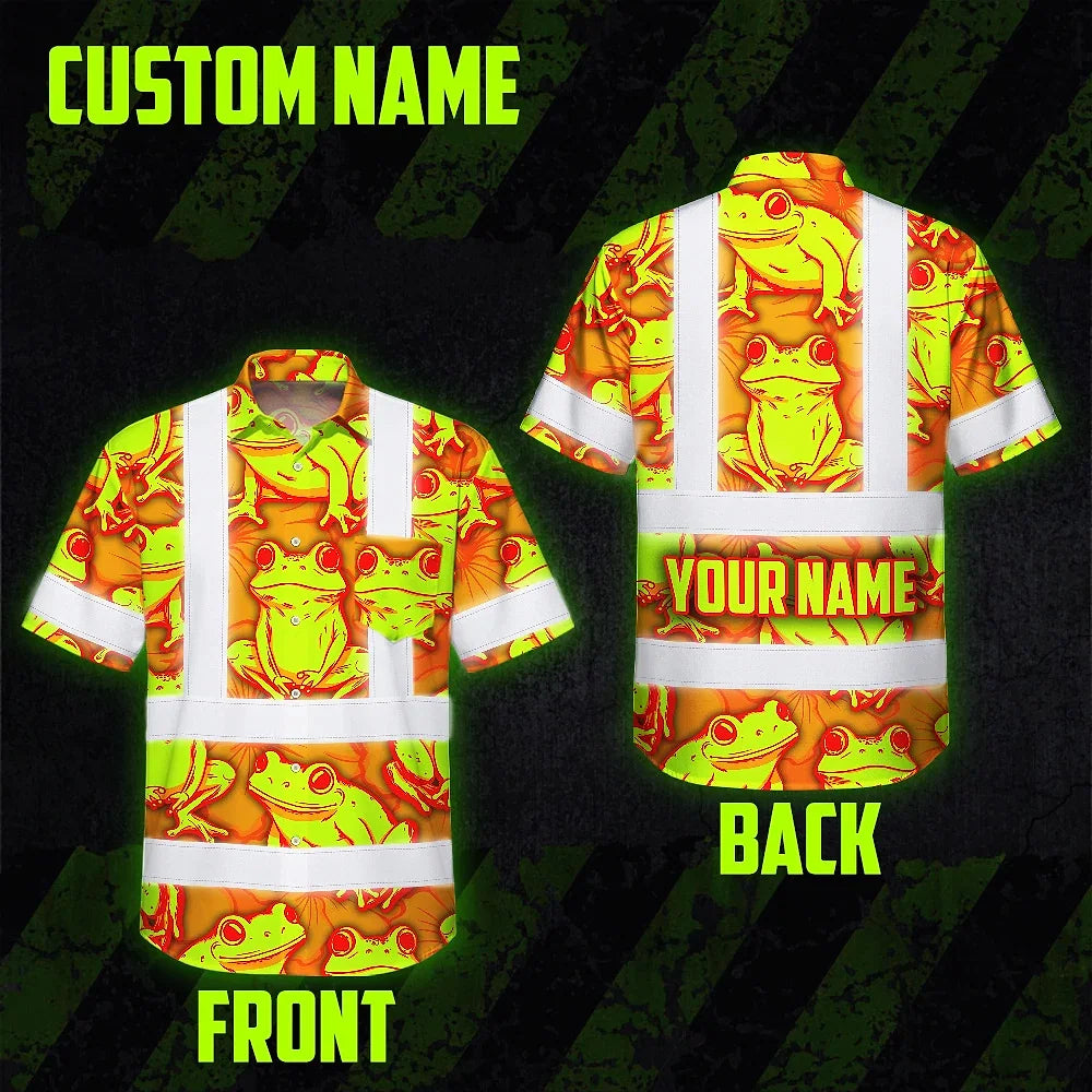 Hi Vis Hawaiian Shirt Reflective Tapes Orange And Lime Neon Frog Custom Name Safety Workwear For Workers, Truckers, Operators