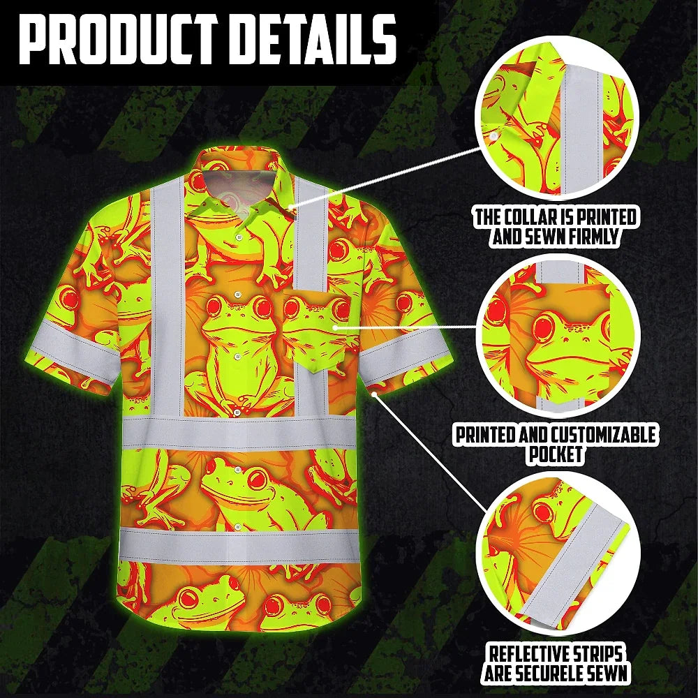 Hi Vis Hawaiian Shirt Reflective Tapes Orange And Lime Neon Frog Custom Name Safety Workwear For Workers, Truckers, Operators