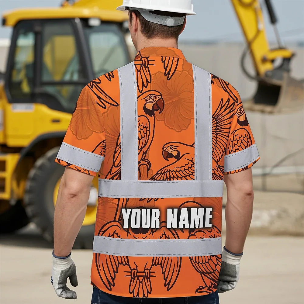 Hi Vis Hawaiian Shirt Reflective Tapes Orange Black Parrot Custom Name Safety Workwear For Workers, Truckers, Operators