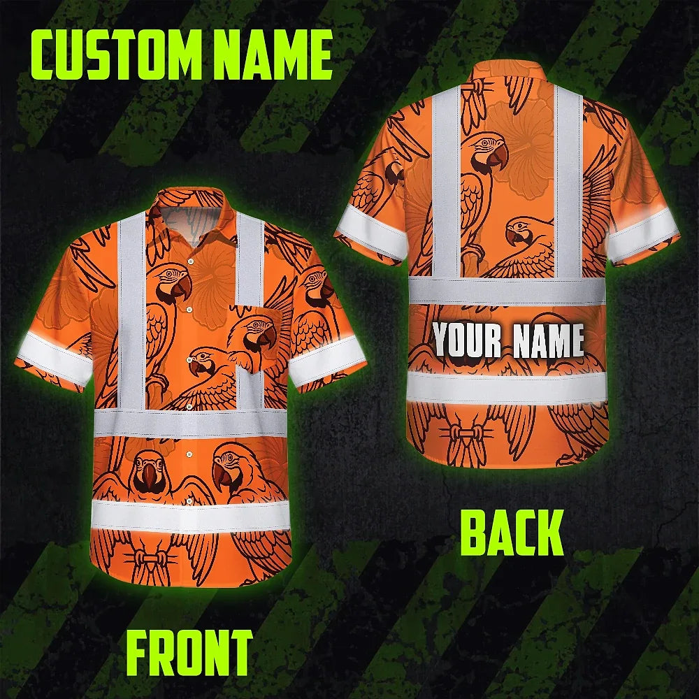 Hi Vis Hawaiian Shirt Reflective Tapes Orange Black Parrot Custom Name Safety Workwear For Workers, Truckers, Operators