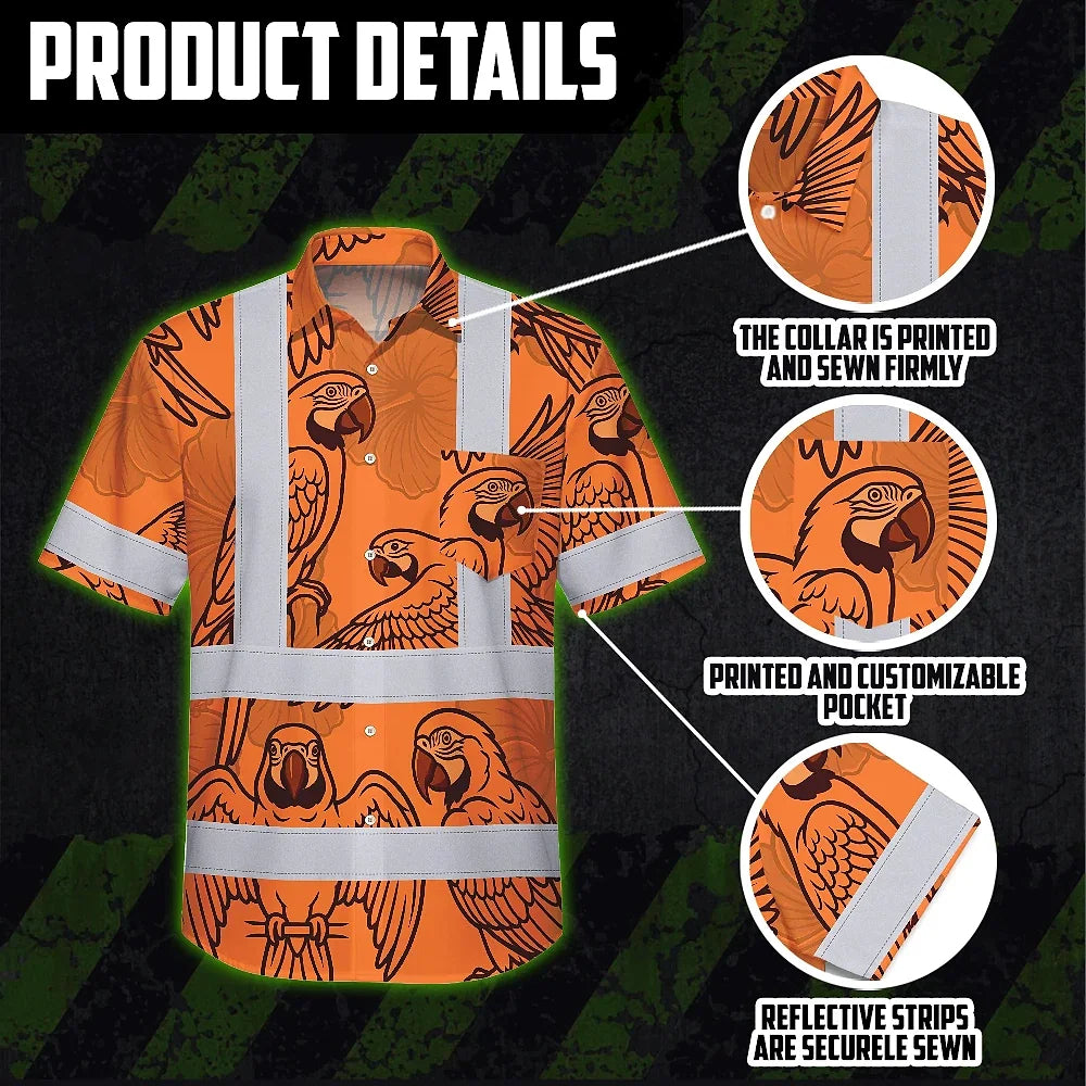 Hi Vis Hawaiian Shirt Reflective Tapes Orange Black Parrot Custom Name Safety Workwear For Workers, Truckers, Operators