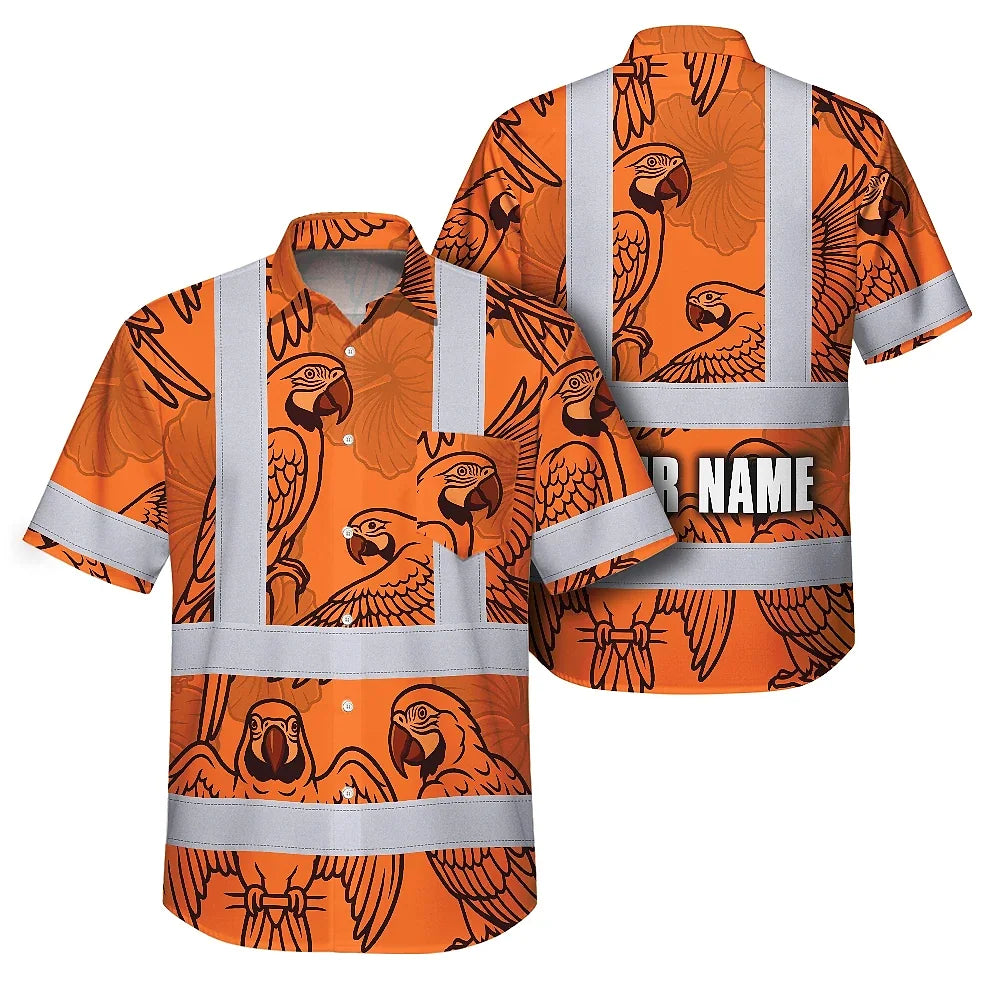 Hi Vis Hawaiian Shirt Reflective Tapes Orange Black Parrot Custom Name Safety Workwear For Workers, Truckers, Operators