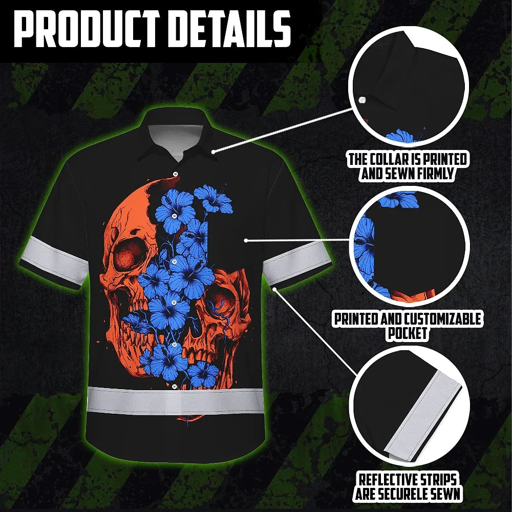 Hi Vis Hawaiian Shirt Reflective Tapes Orange Blue Neon Skull Custom Name Safety Workwear For Workers, Truckers, Operators
