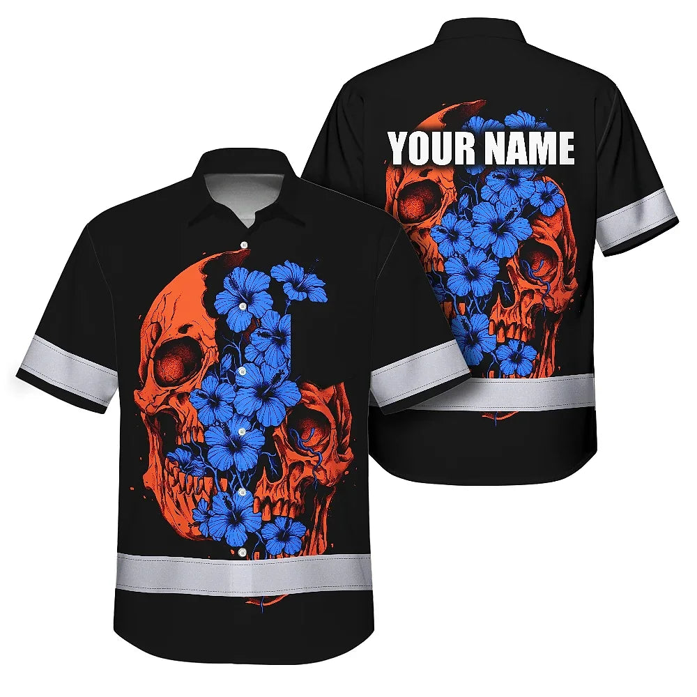 Hi Vis Hawaiian Shirt Reflective Tapes Orange Blue Neon Skull Custom Name Safety Workwear For Workers, Truckers, Operators