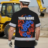 Hi Vis Hawaiian Shirt Reflective Tapes Orange Blue Neon Skull Custom Name Safety Workwear For Workers, Truckers, Operators