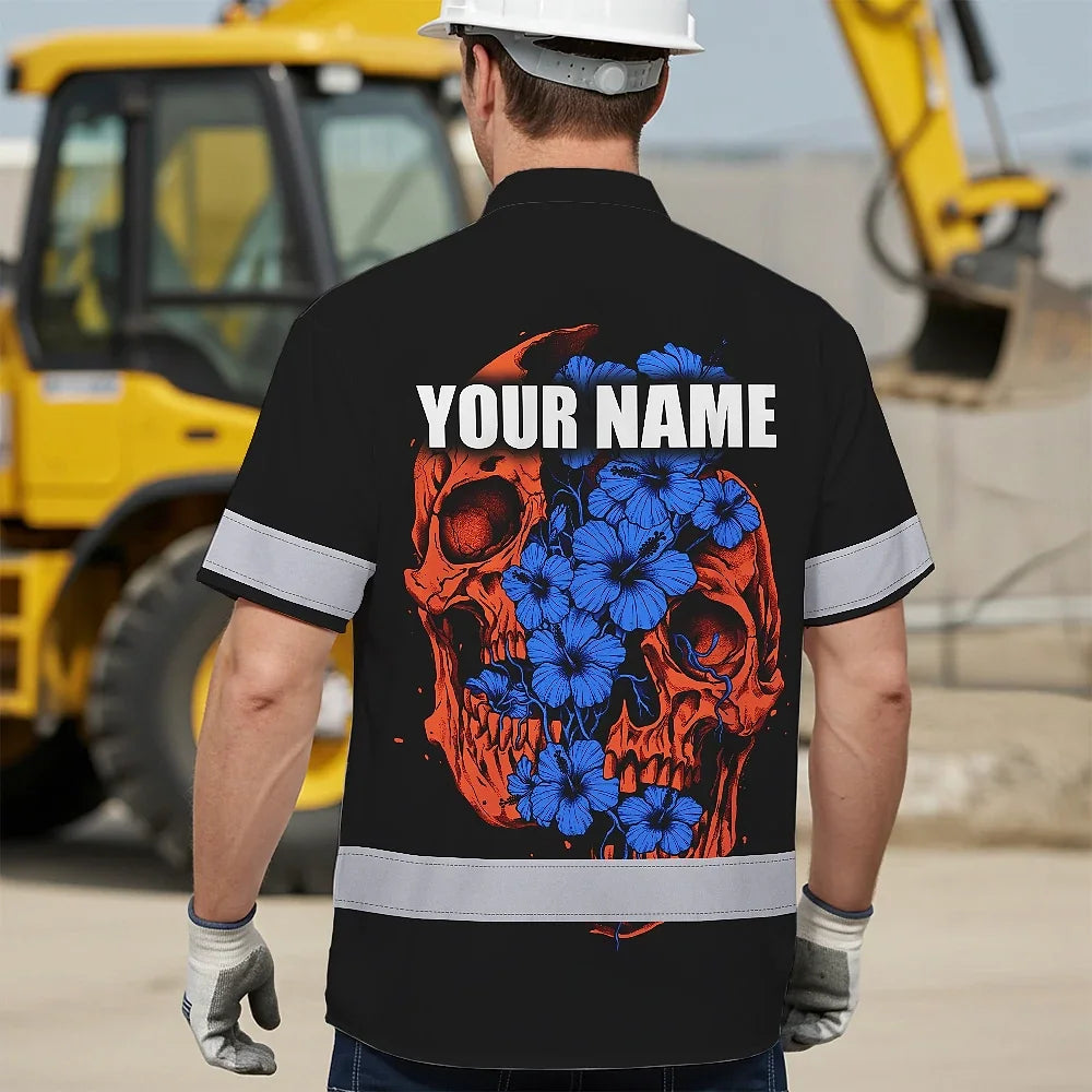 Hi Vis Hawaiian Shirt Reflective Tapes Orange Blue Neon Skull Custom Name Safety Workwear For Workers, Truckers, Operators
