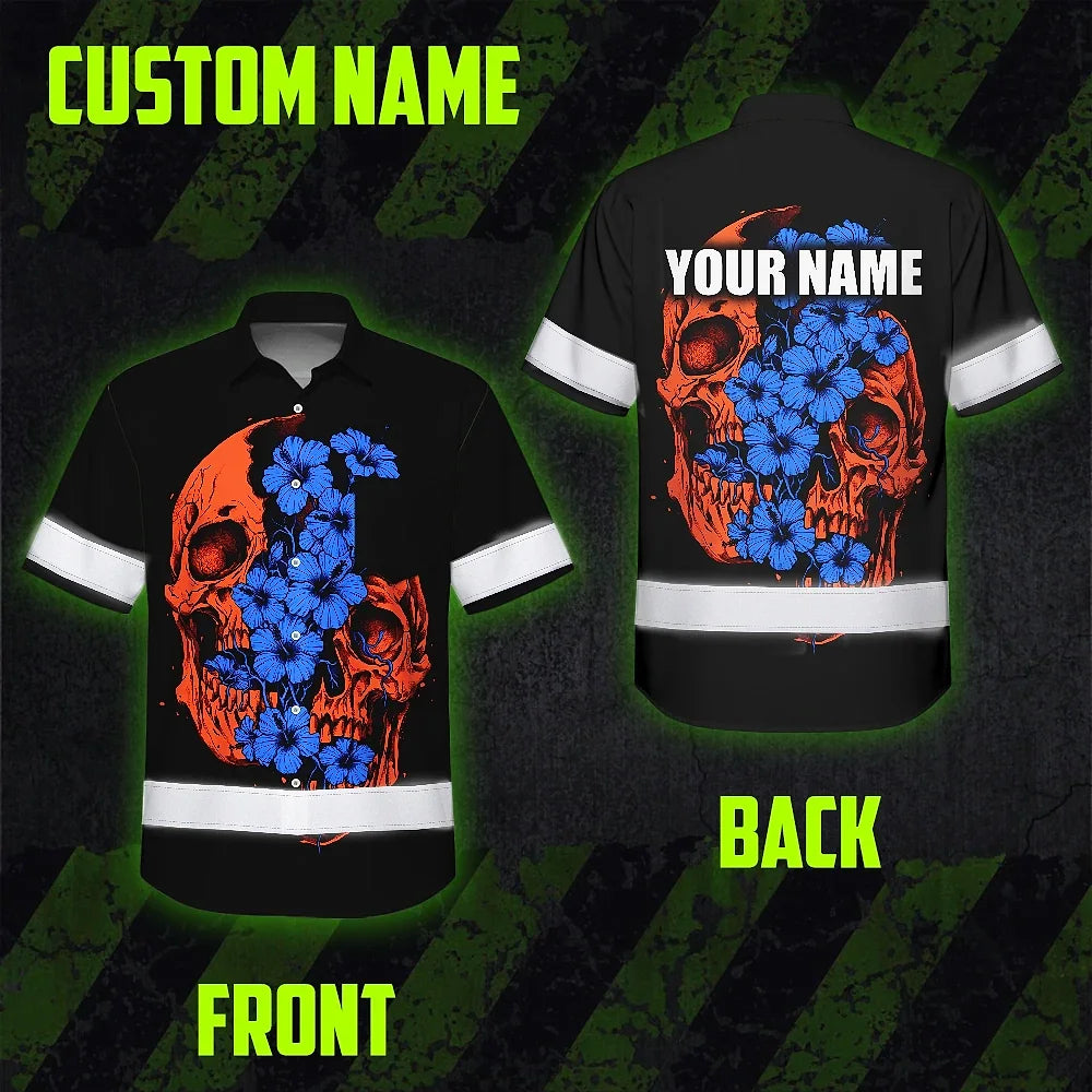 Hi Vis Hawaiian Shirt Reflective Tapes Orange Blue Neon Skull Custom Name Safety Workwear For Workers, Truckers, Operators