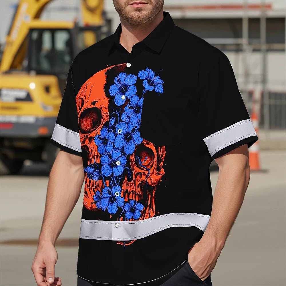 Hi Vis Hawaiian Shirt Reflective Tapes Orange Blue Neon Skull Custom Name Safety Workwear For Workers, Truckers, Operators