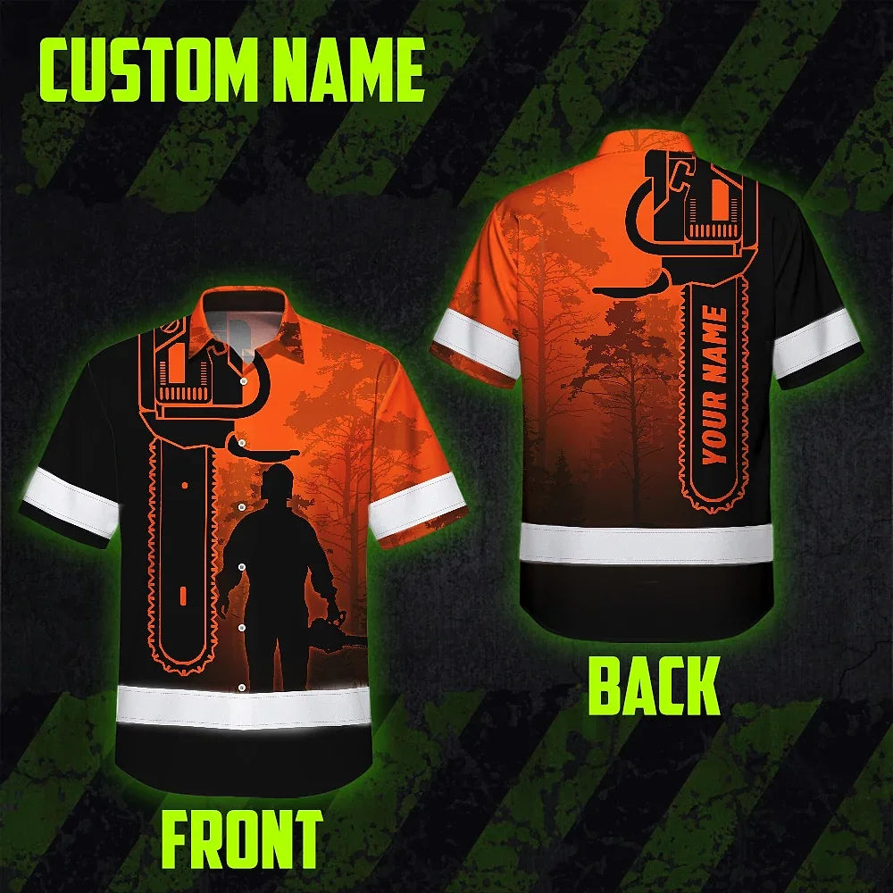 Hi Vis Hawaiian Shirt Reflective Tapes Orange Chainsaw Logger Custom Name Safety