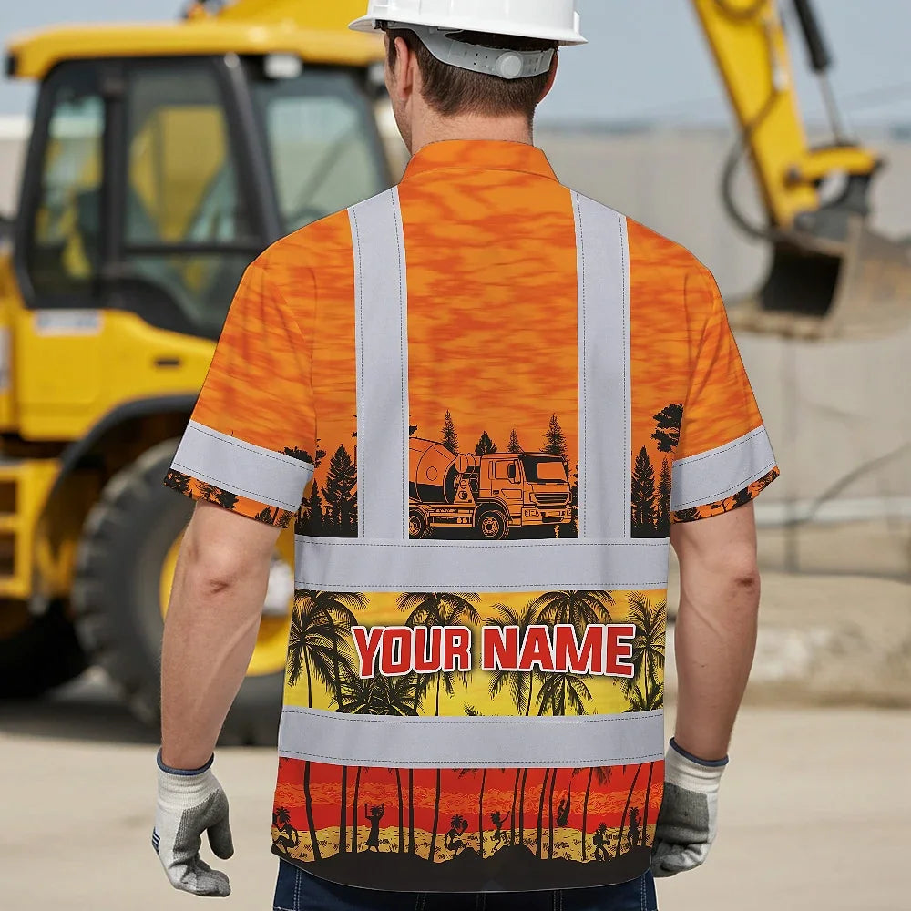 Hi Vis Hawaiian Shirt Reflective Tapes Orange Concrete Mixer Truck Custom Name Safety Workwear For Workers, Truckers, Operators
