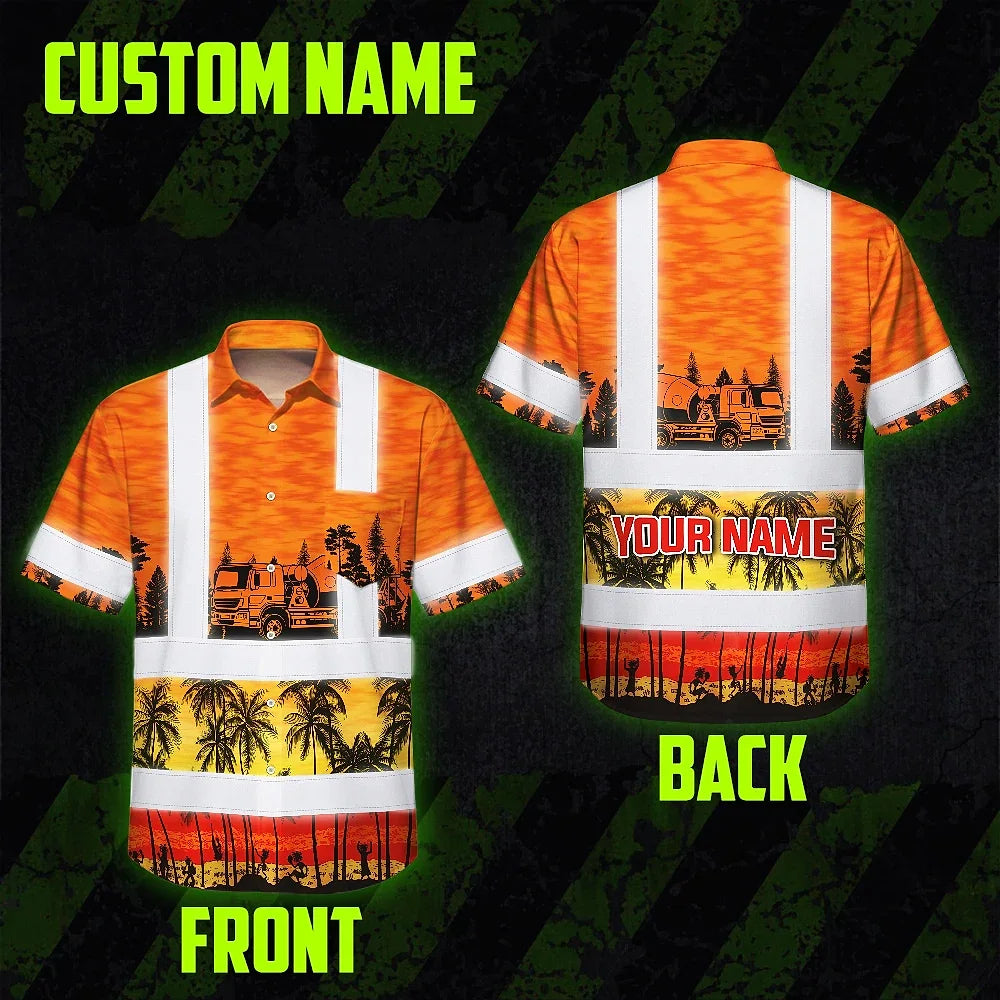 Hi Vis Hawaiian Shirt Reflective Tapes Orange Concrete Mixer Truck Custom Name Safety Workwear For Workers, Truckers, Operators