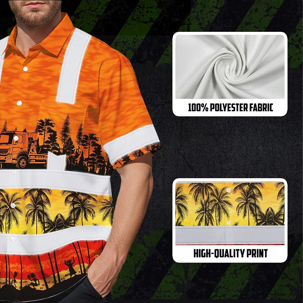 Hi Vis Hawaiian Shirt Reflective Tapes Orange Concrete Mixer Truck Custom Name Safety Workwear For Workers, Truckers, Operators