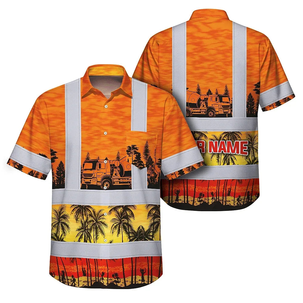 Hi Vis Hawaiian Shirt Reflective Tapes Orange Concrete Mixer Truck Custom Name Safety Workwear For Workers, Truckers, Operators