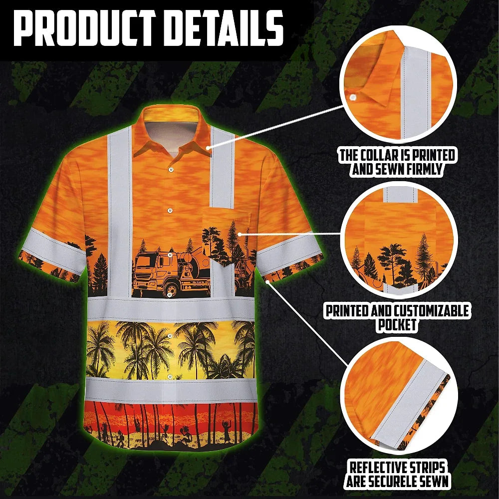 Hi Vis Hawaiian Shirt Reflective Tapes Orange Concrete Mixer Truck Custom Name Safety Workwear For Workers, Truckers, Operators