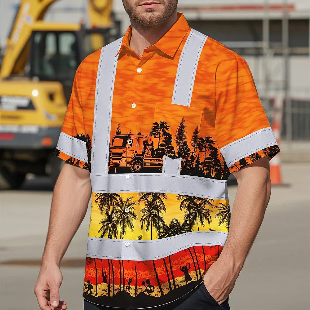 Hi Vis Hawaiian Shirt Reflective Tapes Orange Concrete Mixer Truck Custom Name Safety Workwear For Workers, Truckers, Operators