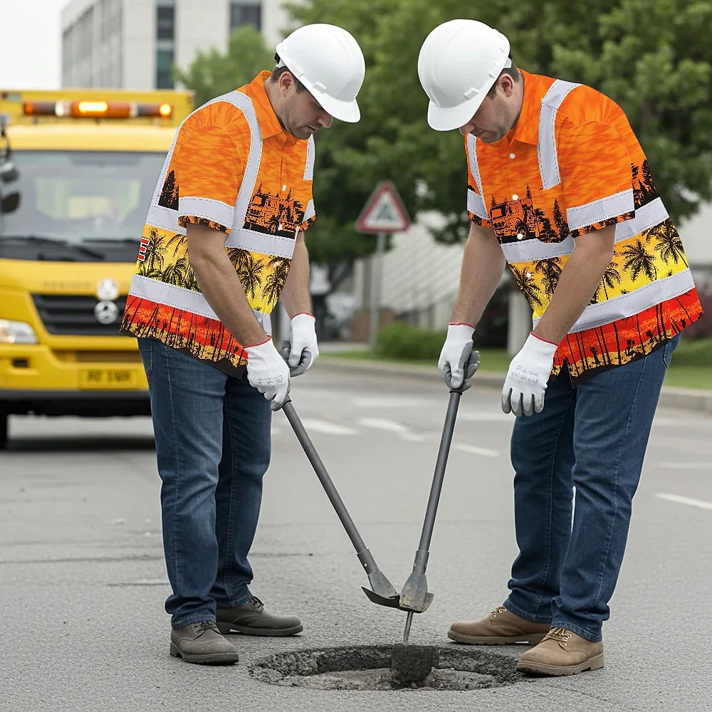 Hi Vis Hawaiian Shirt Reflective Tapes Orange Concrete Mixer Truck Custom Name Safety Workwear For Workers, Truckers, Operators