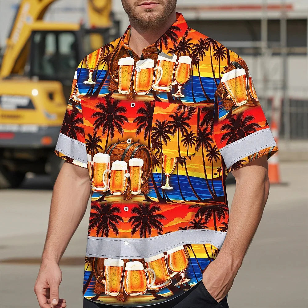 Hi Vis Hawaiian Shirt Reflective Tapes Orange Drink Tropical Cocktail Beer Print Custom Name Safety Workwear For Workers, Truckers, Operators