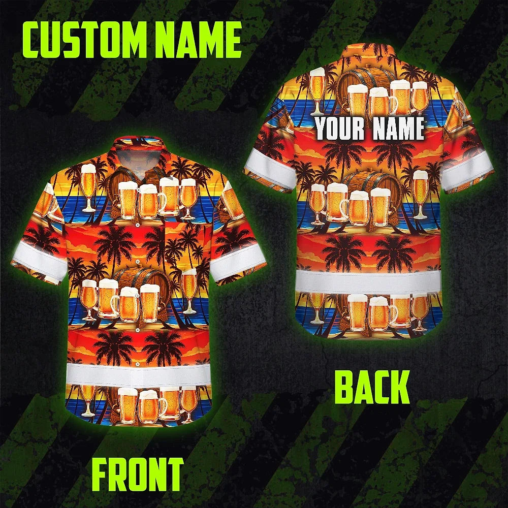 Hi Vis Hawaiian Shirt Reflective Tapes Orange Drink Tropical Cocktail Beer Print Custom Name Safety Workwear For Workers, Truckers, Operators