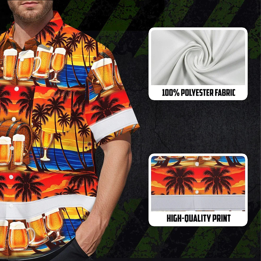 Hi Vis Hawaiian Shirt Reflective Tapes Orange Drink Tropical Cocktail Beer Print Custom Name Safety Workwear For Workers, Truckers, Operators