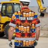 Hi Vis Hawaiian Shirt Reflective Tapes Orange Drink Tropical Cocktail Beer Print Custom Name Safety Workwear For Workers, Truckers, Operators