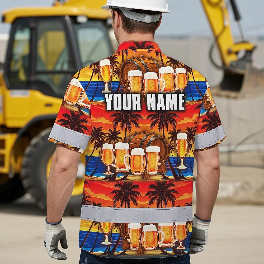 Hi Vis Hawaiian Shirt Reflective Tapes Orange Drink Tropical Cocktail Beer Print Custom Name Safety Workwear For Workers, Truckers, Operators