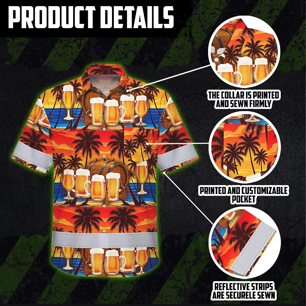 Hi Vis Hawaiian Shirt Reflective Tapes Orange Drink Tropical Cocktail Beer Print Custom Name Safety Workwear For Workers, Truckers, Operators