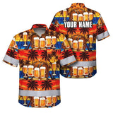 Hi Vis Hawaiian Shirt Reflective Tapes Orange Drink Tropical Cocktail Beer Print Custom Name Safety Workwear For Workers, Truckers, Operators