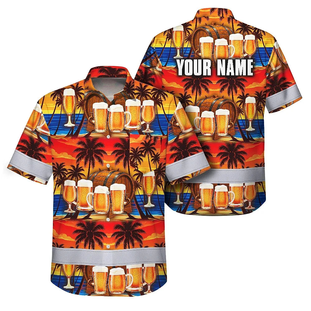 Hi Vis Hawaiian Shirt Reflective Tapes Orange Drink Tropical Cocktail Beer Print Custom Name Safety Workwear For Workers, Truckers, Operators