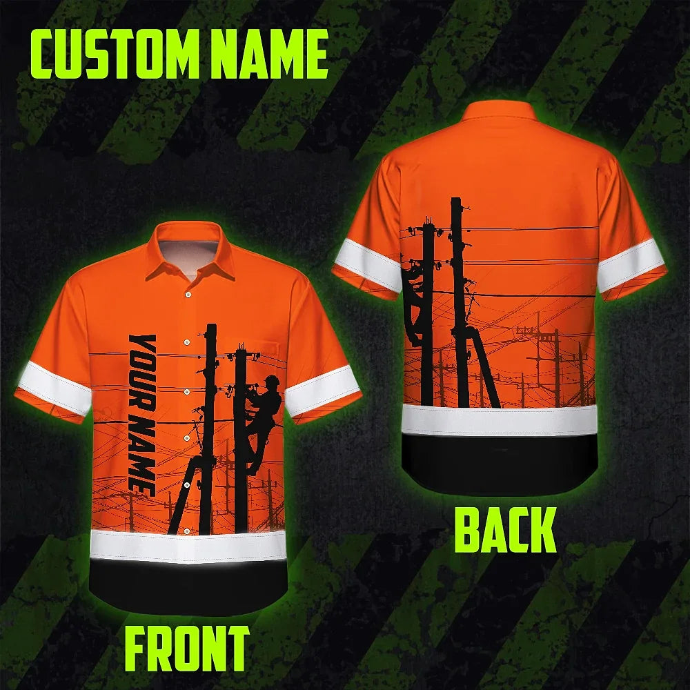 Hi Vis Hawaiian Shirt Reflective Tapes Orange Electrician Custom Name Safety
