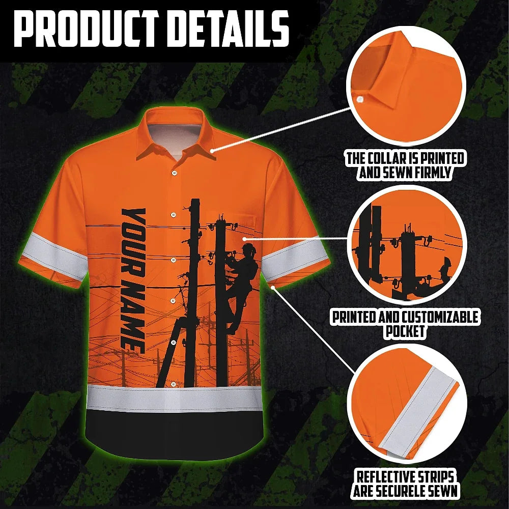Hi Vis Hawaiian Shirt Reflective Tapes Orange Electrician Custom Name Safety
