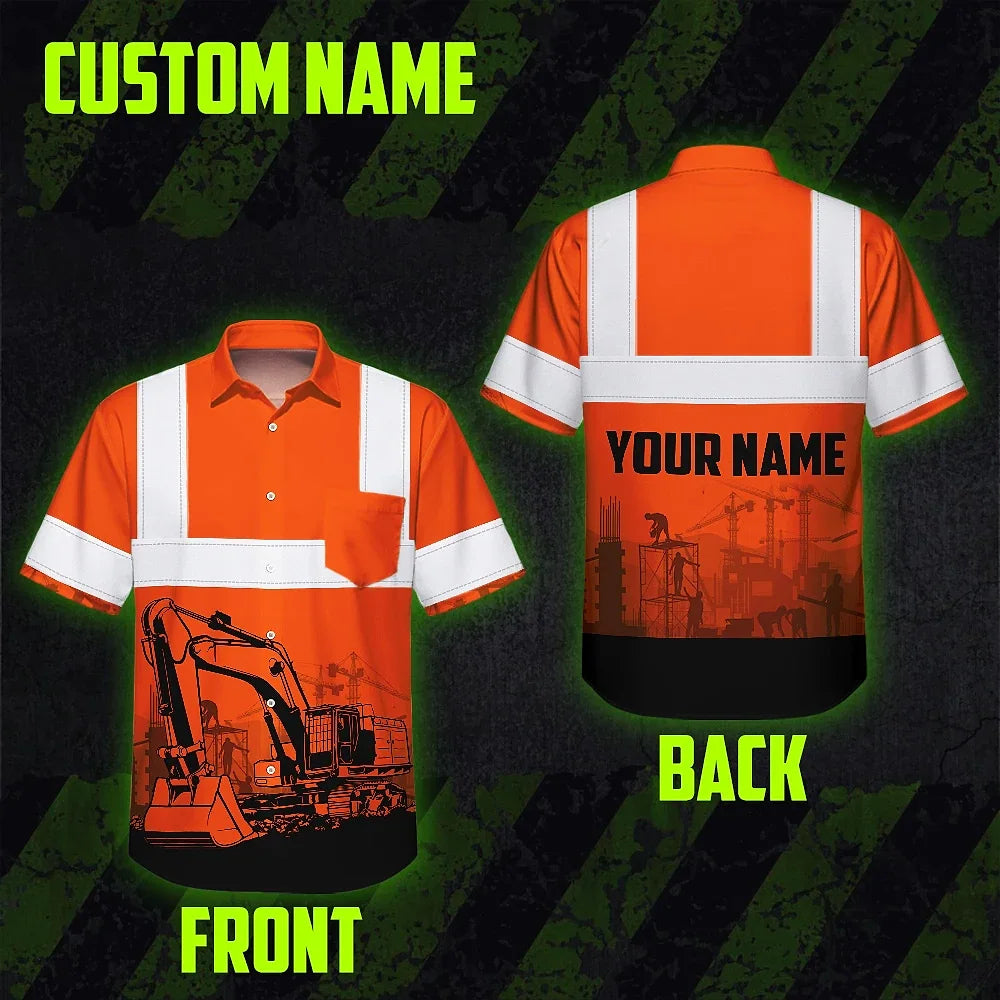 Hi Vis Hawaiian Shirt Reflective Tapes Orange Excavator Operator Custom Name