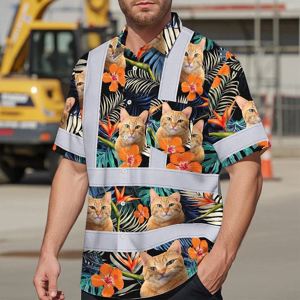 Hi Vis Hawaiian Shirt Reflective Tapes Orange Flowers Custom Name And Pet Image Safety Workwear For Workers, Truckers, Operators