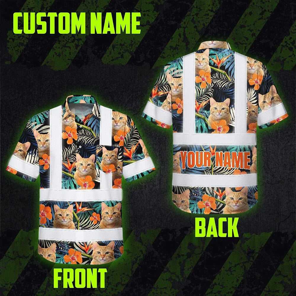 Hi Vis Hawaiian Shirt Reflective Tapes Orange Flowers Custom Name And Pet Image Safety Workwear For Workers, Truckers, Operators