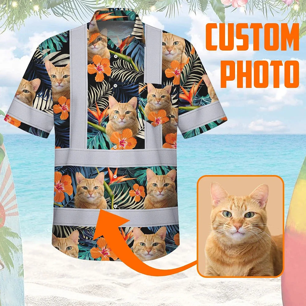 Hi Vis Hawaiian Shirt Reflective Tapes Orange Flowers Custom Name And Pet Image Safety Workwear For Workers, Truckers, Operators
