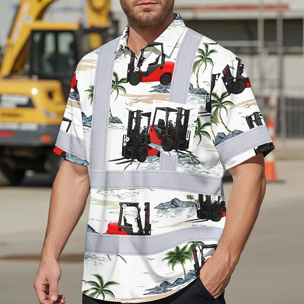 Hi Vis Hawaiian Shirt Reflective Tapes Orange Forklift  Custom Name Safety Workwear For Workers, Truckers, Operators