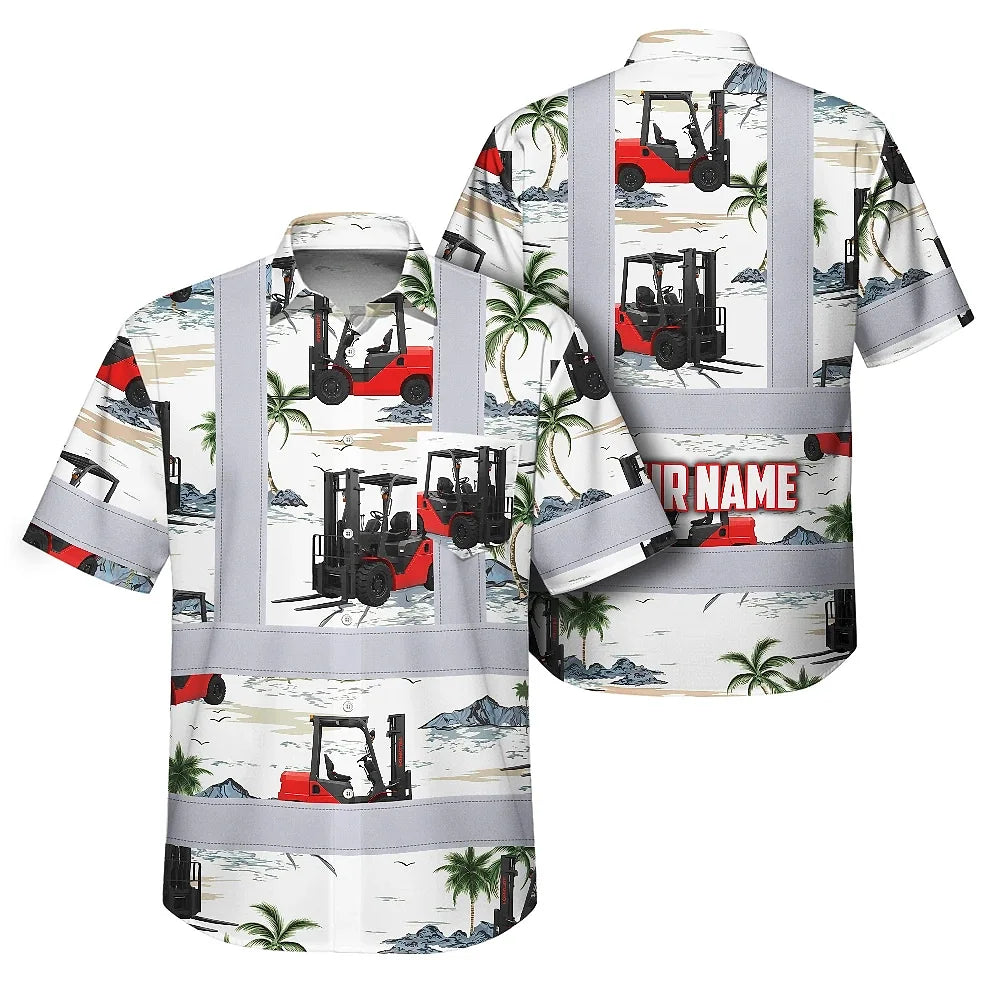Hi Vis Hawaiian Shirt Reflective Tapes Orange Forklift  Custom Name Safety Workwear For Workers, Truckers, Operators