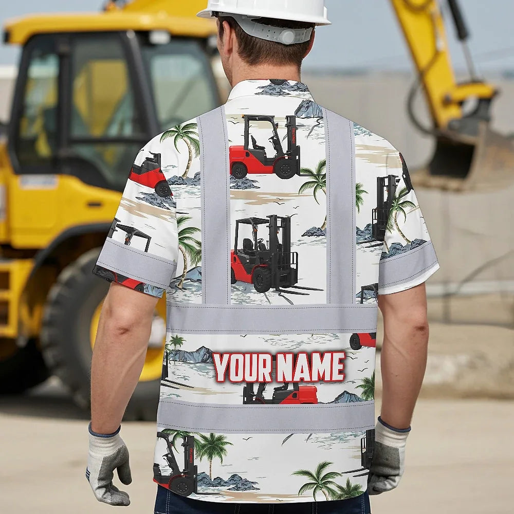 Hi Vis Hawaiian Shirt Reflective Tapes Orange Forklift  Custom Name Safety Workwear For Workers, Truckers, Operators