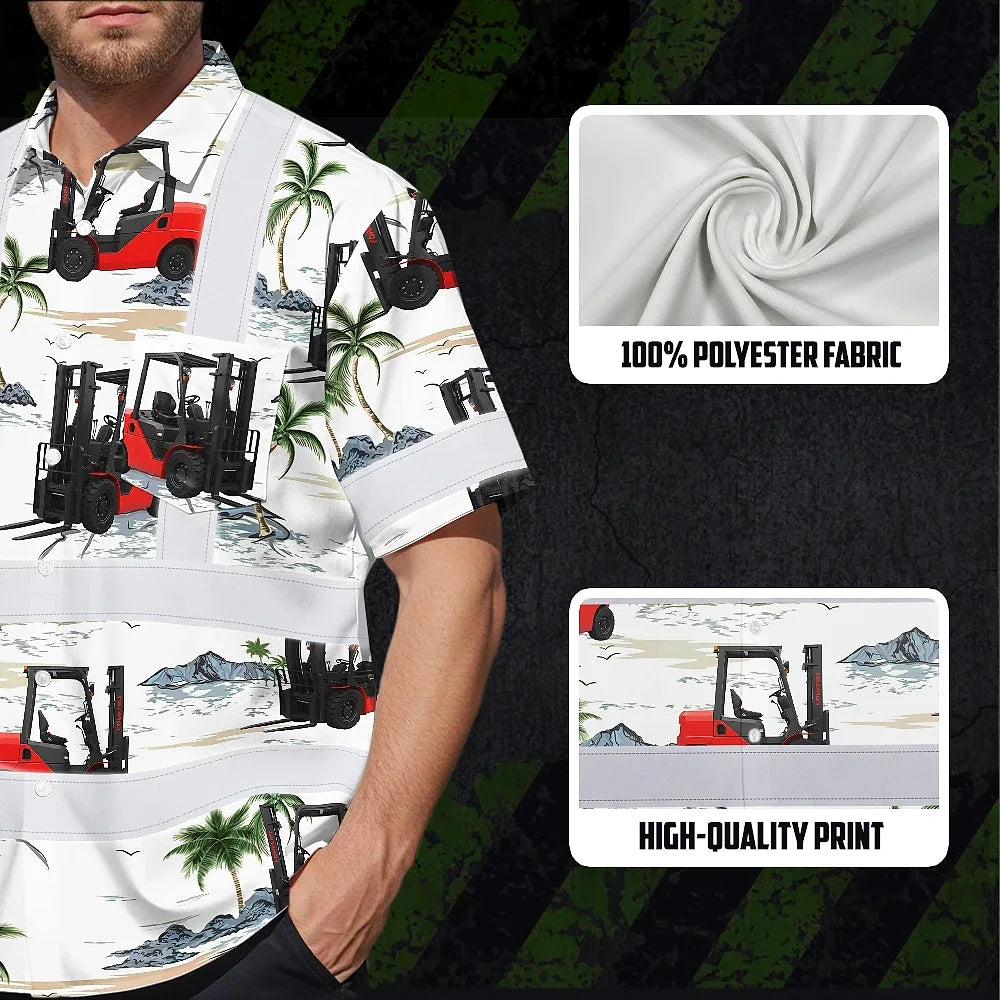 Hi Vis Hawaiian Shirt Reflective Tapes Orange Forklift  Custom Name Safety Workwear For Workers, Truckers, Operators