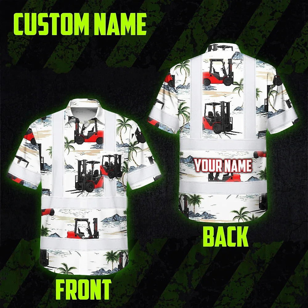 Hi Vis Hawaiian Shirt Reflective Tapes Orange Forklift  Custom Name Safety Workwear For Workers, Truckers, Operators