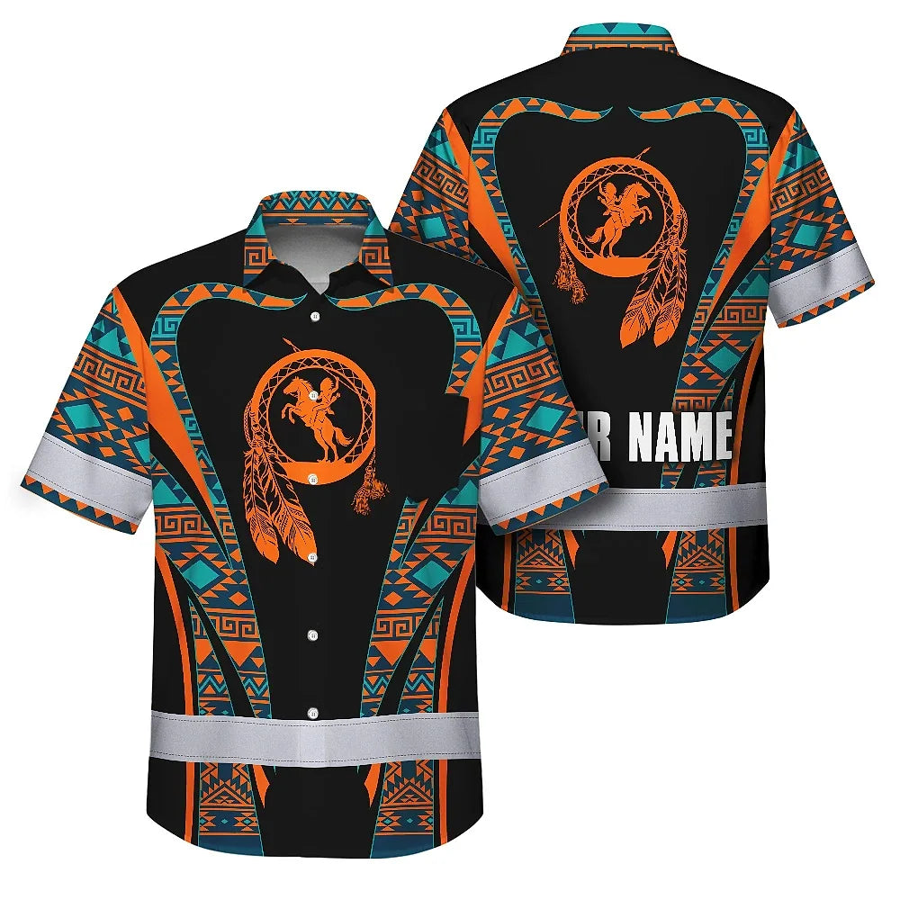Hi Vis Hawaiian Shirt Reflective Tapes Orange Green Native Custom Name Safety Workwear For Workers, Truckers, Operators