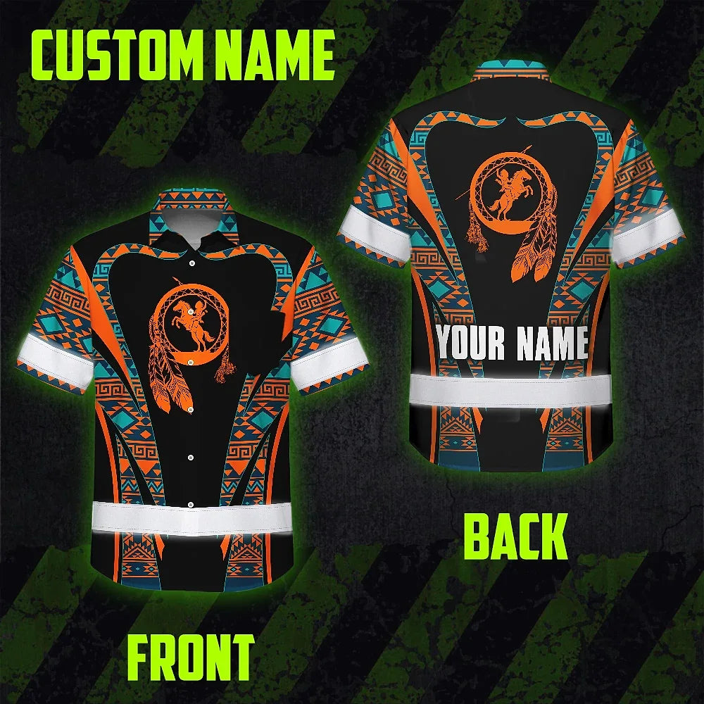 Hi Vis Hawaiian Shirt Reflective Tapes Orange Green Native Custom Name Safety Workwear For Workers, Truckers, Operators