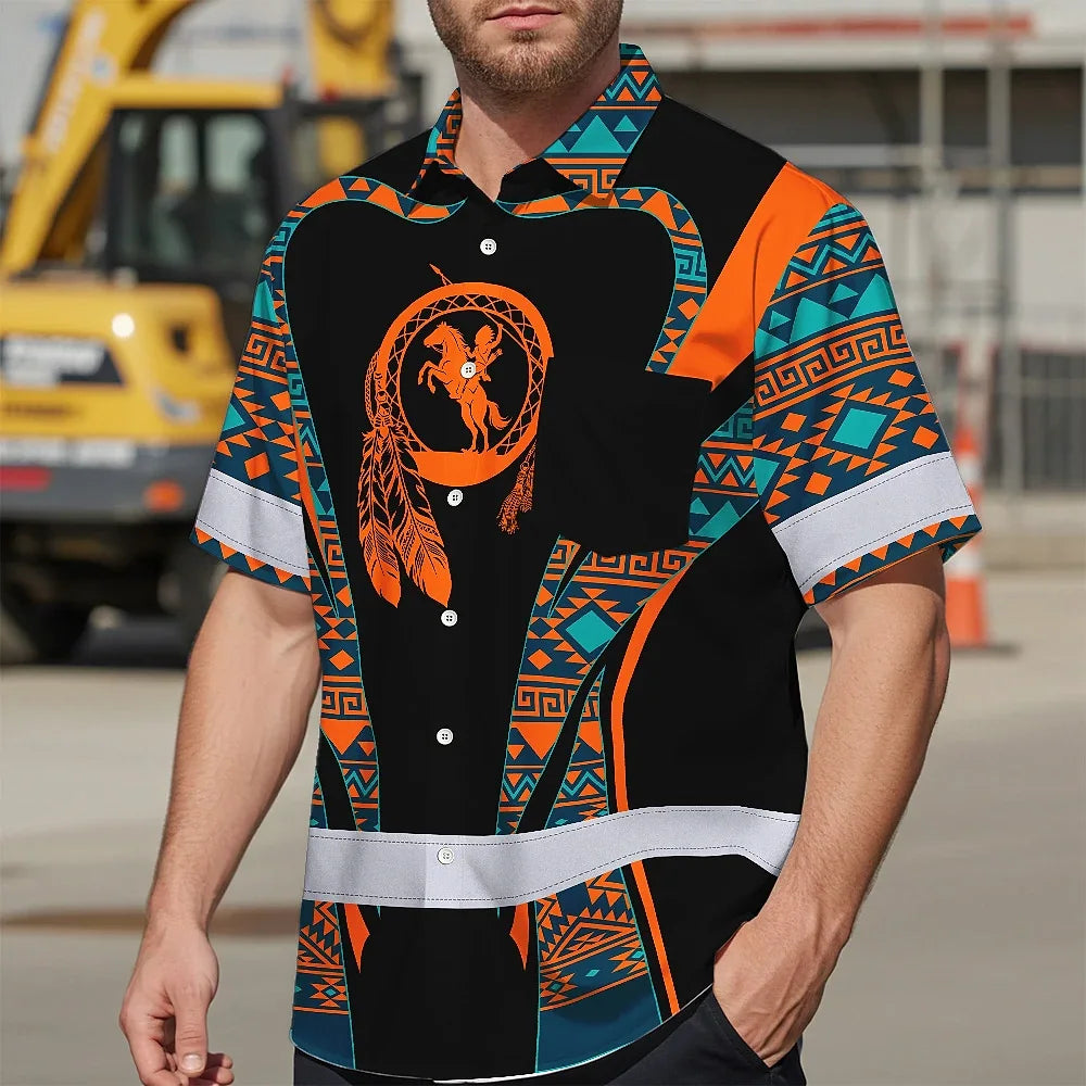 Hi Vis Hawaiian Shirt Reflective Tapes Orange Green Native Custom Name Safety Workwear For Workers, Truckers, Operators
