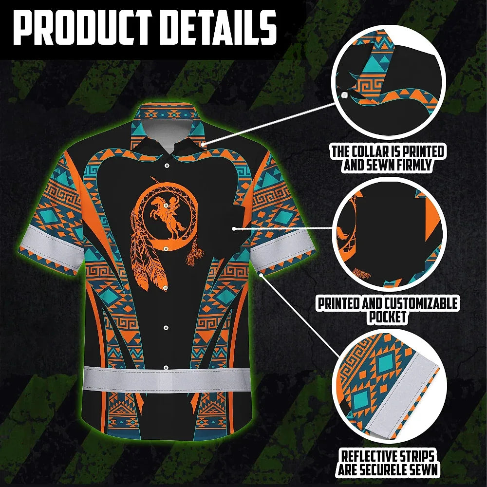 Hi Vis Hawaiian Shirt Reflective Tapes Orange Green Native Custom Name Safety Workwear For Workers, Truckers, Operators