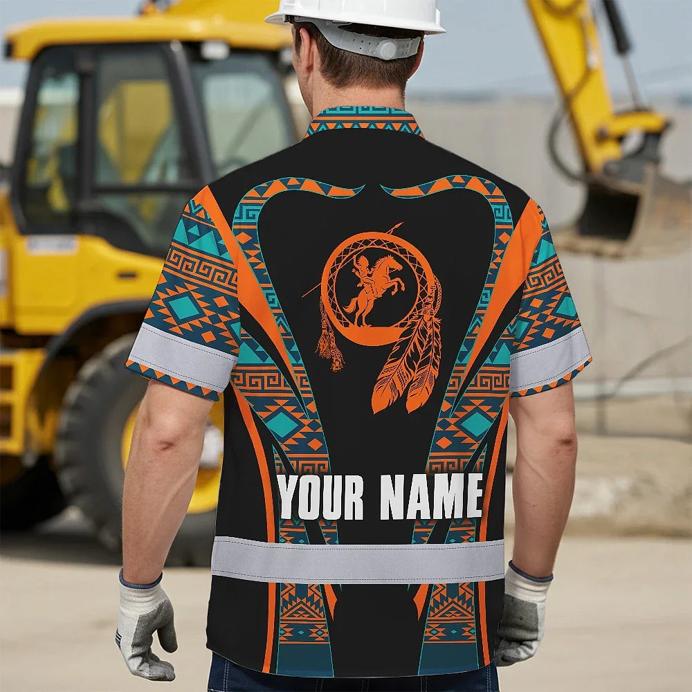 Hi Vis Hawaiian Shirt Reflective Tapes Orange Green Native Custom Name Safety Workwear For Workers, Truckers, Operators
