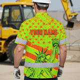 Hi Vis Hawaiian Shirt Reflective Tapes Orange Green US Flag Custom Name Safety Workwear For Workers, Truckers, Operators
