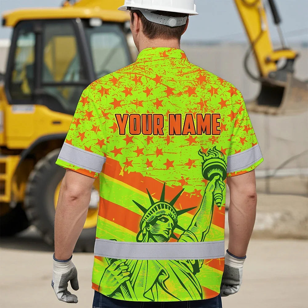 Hi Vis Hawaiian Shirt Reflective Tapes Orange Green US Flag Custom Name Safety Workwear For Workers, Truckers, Operators