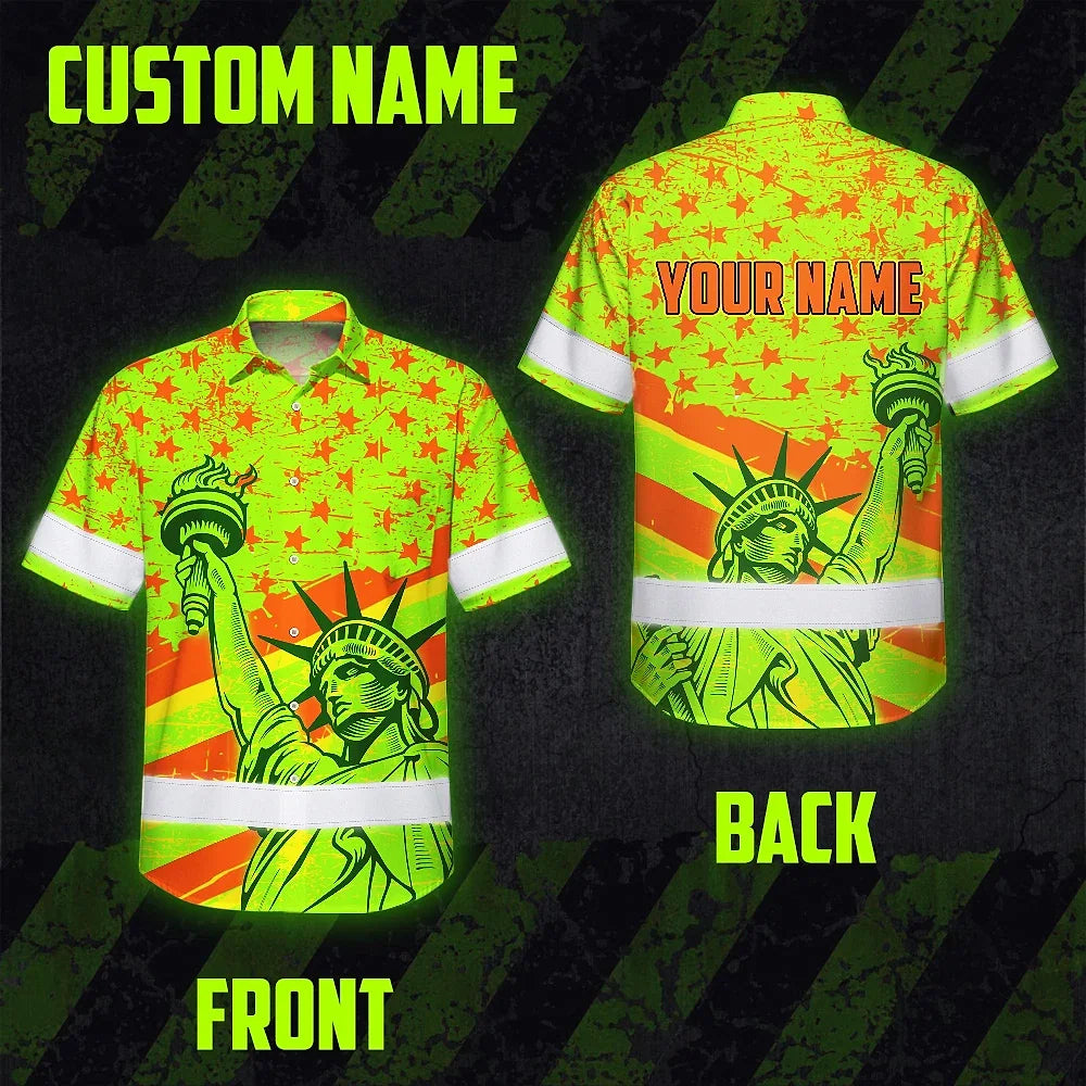 Hi Vis Hawaiian Shirt Reflective Tapes Orange Green US Flag Custom Name Safety Workwear For Workers, Truckers, Operators