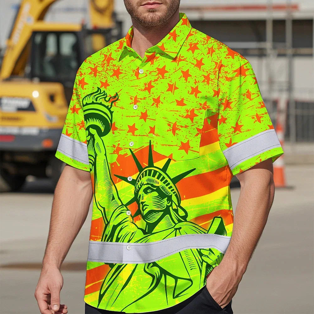 Hi Vis Hawaiian Shirt Reflective Tapes Orange Green US Flag Custom Name Safety Workwear For Workers, Truckers, Operators