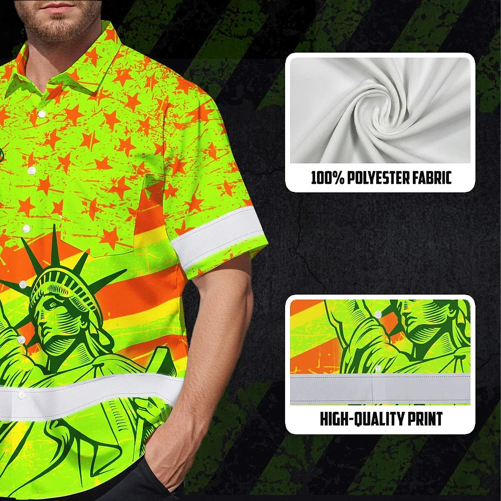 Hi Vis Hawaiian Shirt Reflective Tapes Orange Green US Flag Custom Name Safety Workwear For Workers, Truckers, Operators